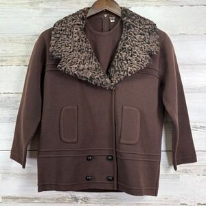 Riviera Intl Vintage 1960s Knit Wool Fur Collar Cardigan 2 Pc Twin Set Brown 12